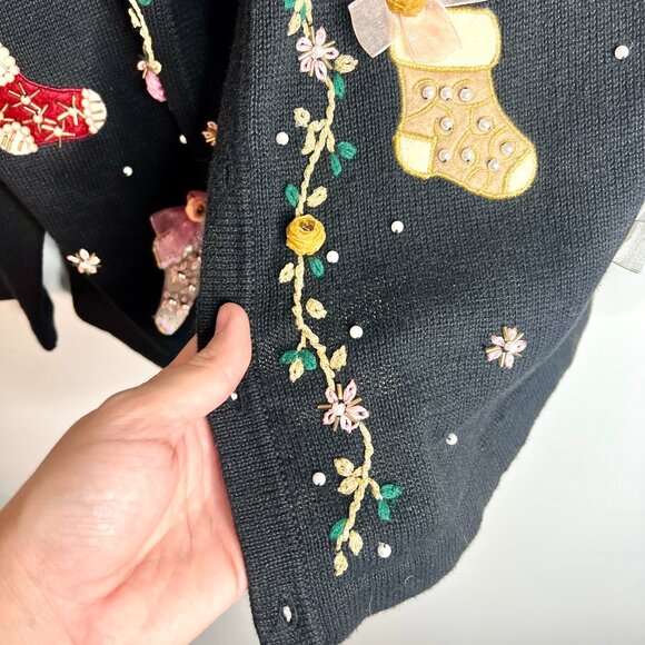 Vtg Christmas Stockings Beaded Festive Button-Up Cardigan Grandma Sweater Sz XL - Picture 6 of 7